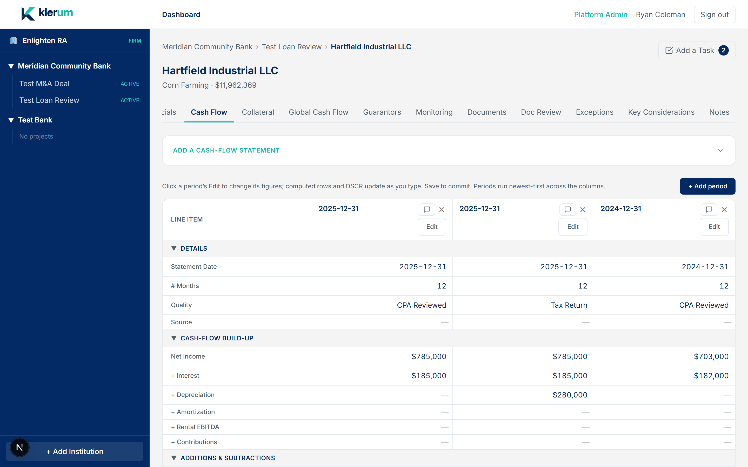 Cash flow tab with live DSCR