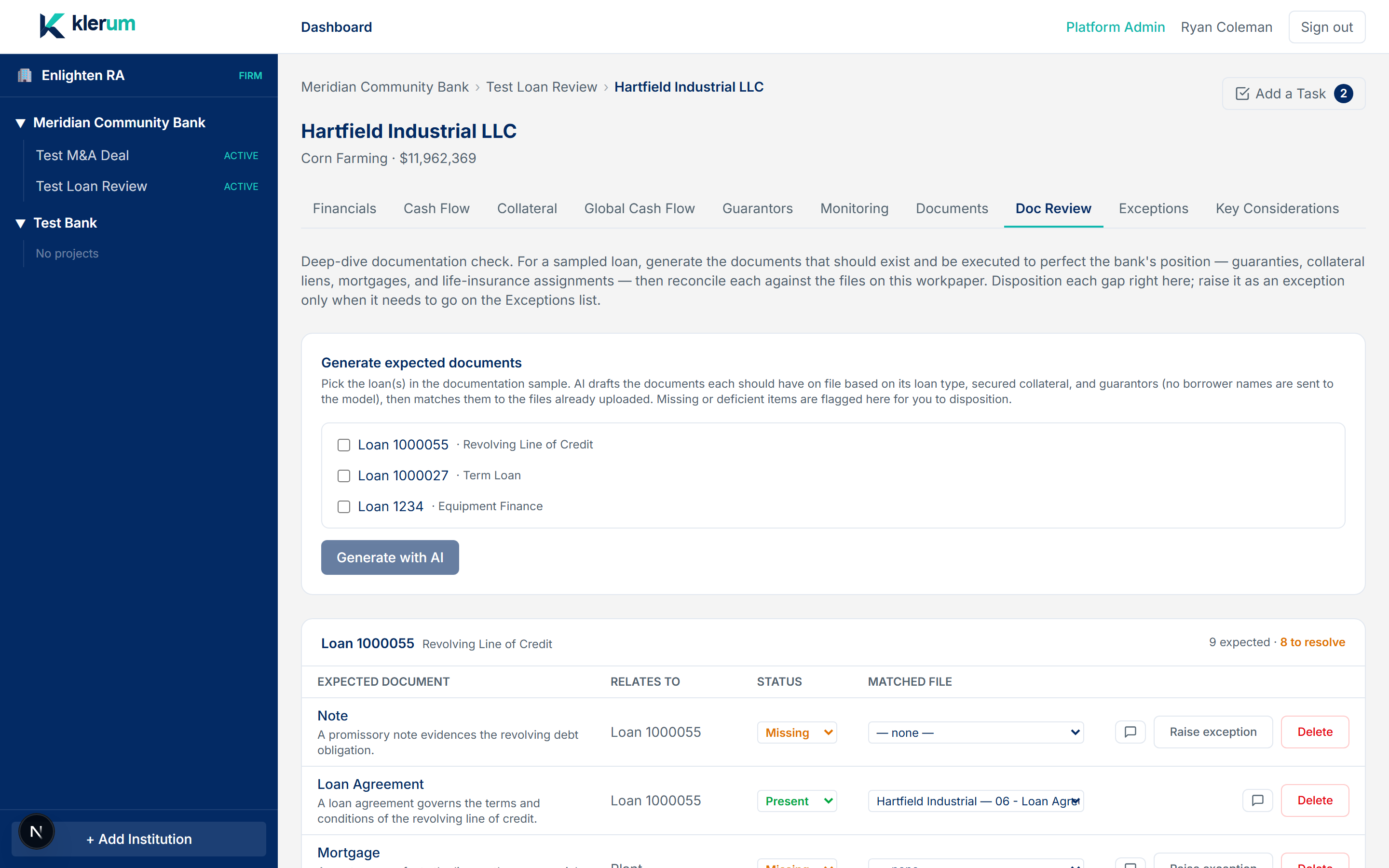 AI doc-review checklist with missing-document flags