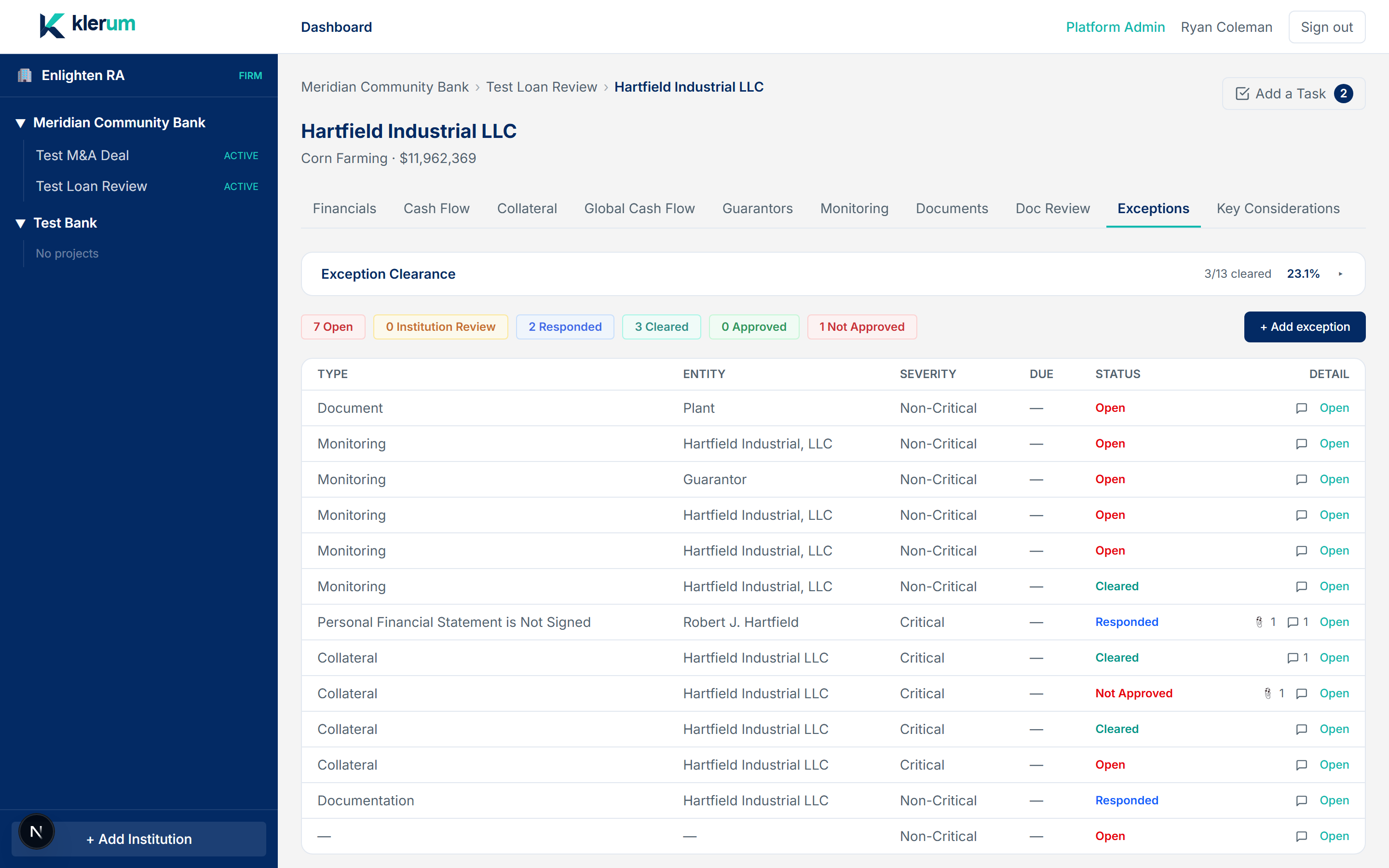 Exception clearance workflow on a workpaper