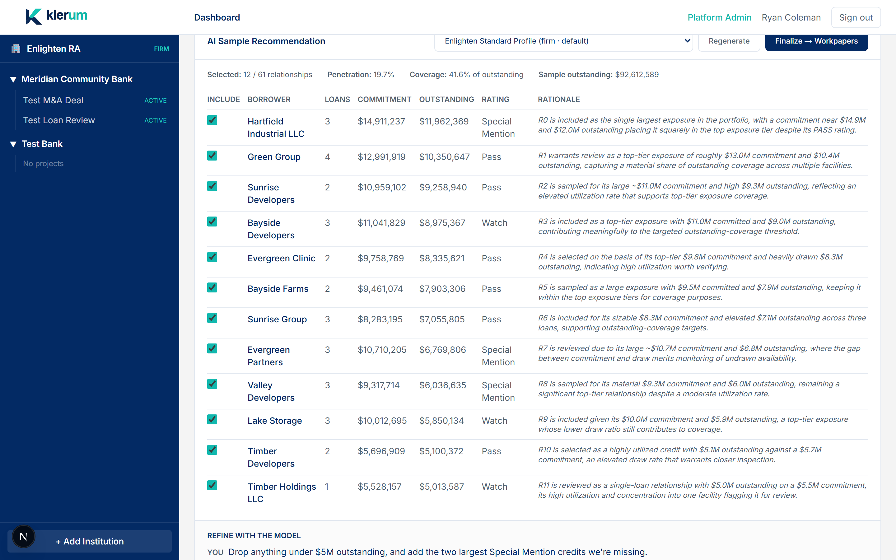 AI sample recommendation with per-borrower rationale