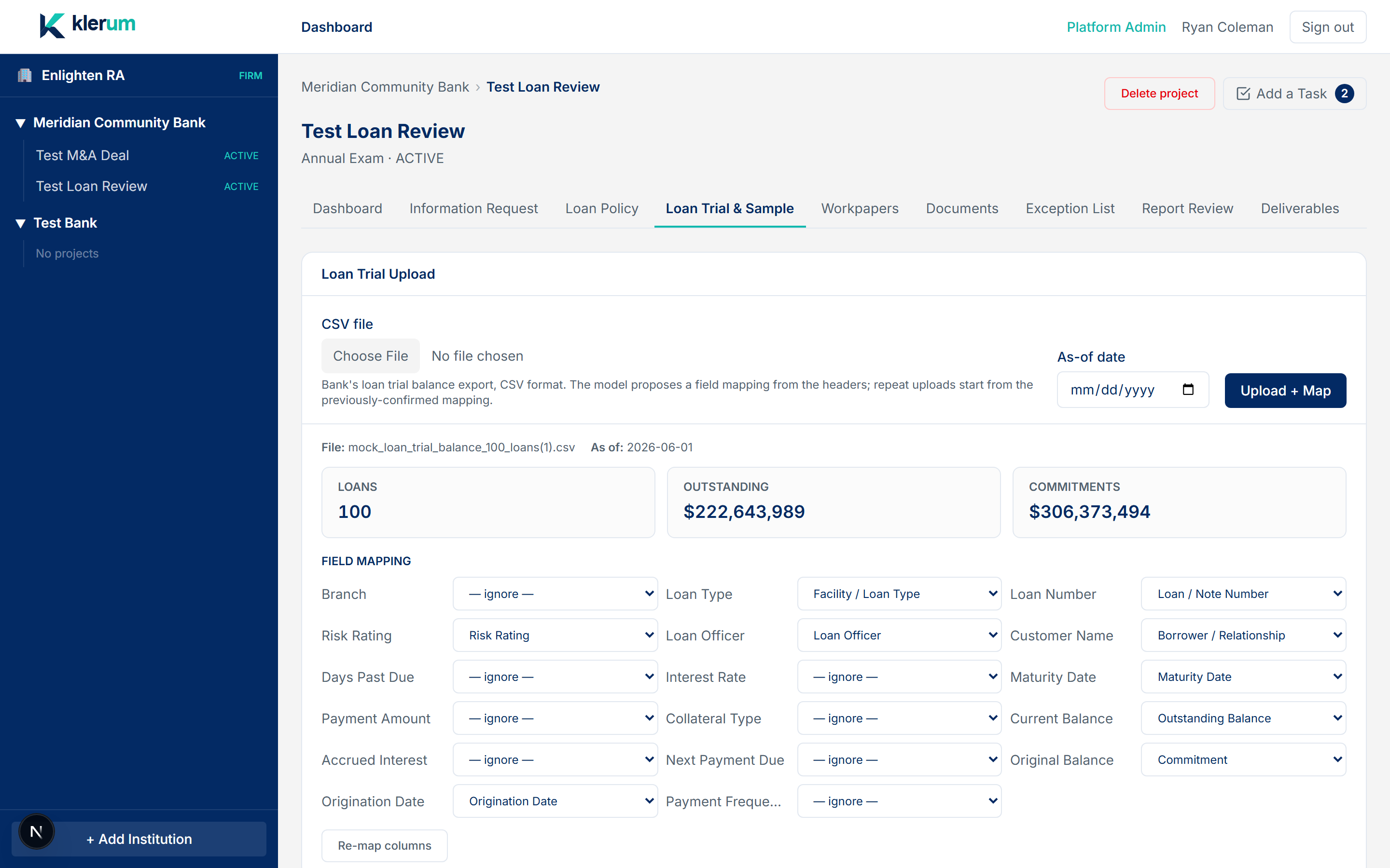 AI field mapping on a loan trial upload